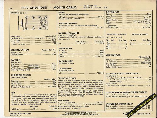 1973 chevrolet monte carlo 400 ci / 150 hp v8 car sun electronic spec sheet