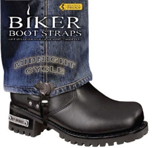 Biker boot straps midnight cycle winged wheel black 6&#034; pants hold down pair