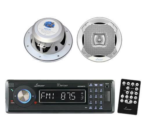 Aqcd60btb lanzar marine boat cd/mp3 am/fm stereo w/bluetooth + 2 silver speakers