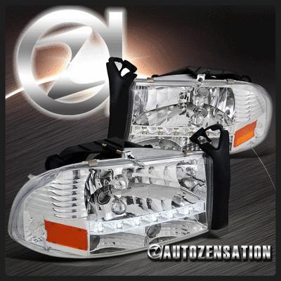 [led drl] 97-04 dakota/ 98-03 durango clear chrome crystal headlights