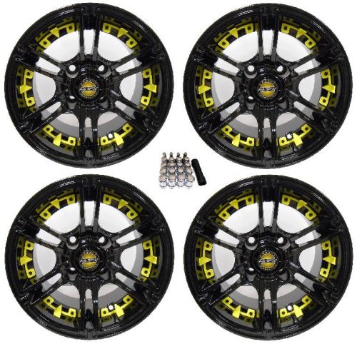 Madjax 10&#034; mirage black/yellow golf cart wheels/rims ez-go &amp; club car