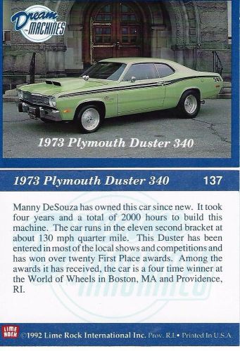 1973 plymouth duster 340  collector card  2 1/2&#034;x3 1/2&#034;