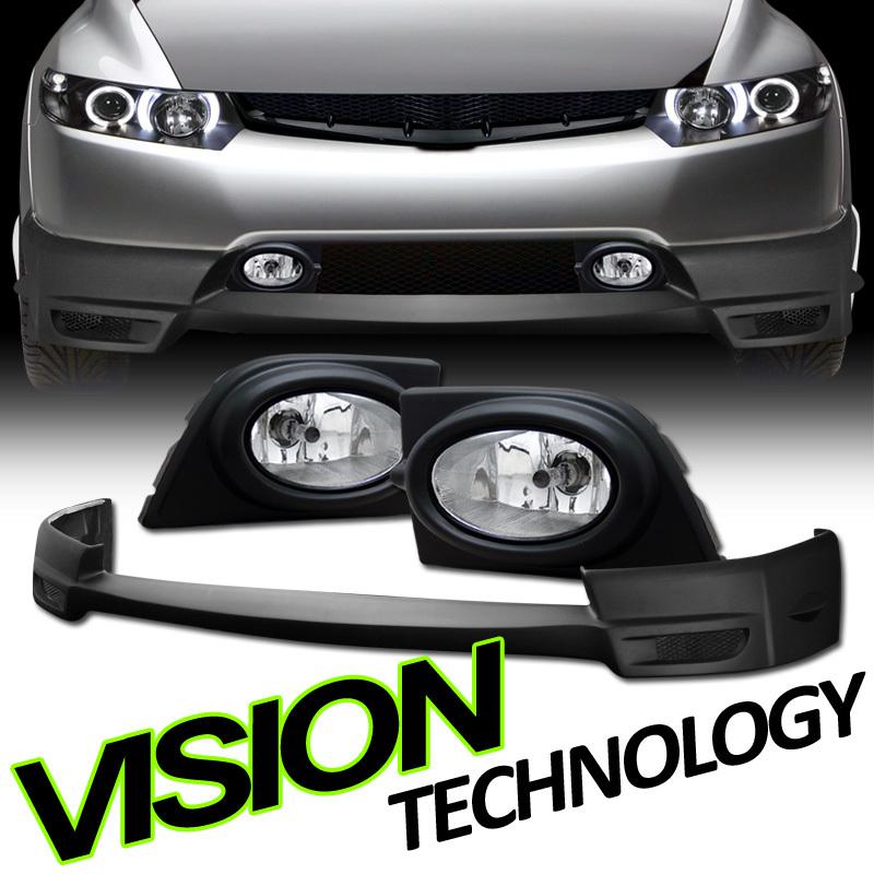 06-08 civic sedan mu style v2 pu front bumper lip spoiler+clear lens fog lights