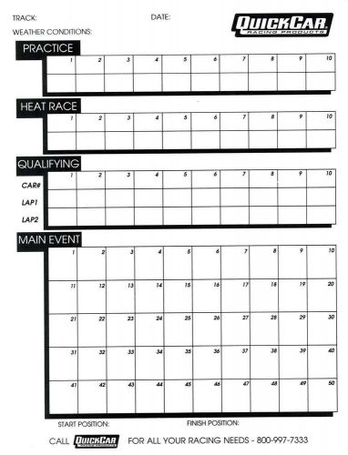 Quickcar racing products lap timing &amp; race scoring chart 50 sheet in pad q51-230