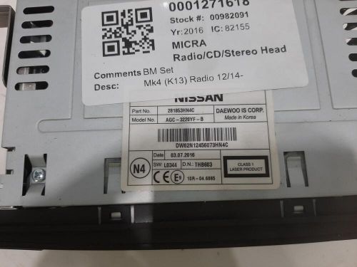 2016 nissan micra mk4 (k13) oem radio/cd/stereo head unit no code available