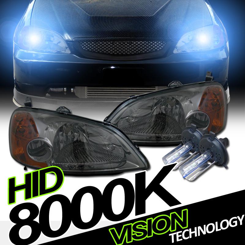 Smoke lens amber reflector head lights lamps+h4 8000k hid 01 02 03 civic 2dr/4dr