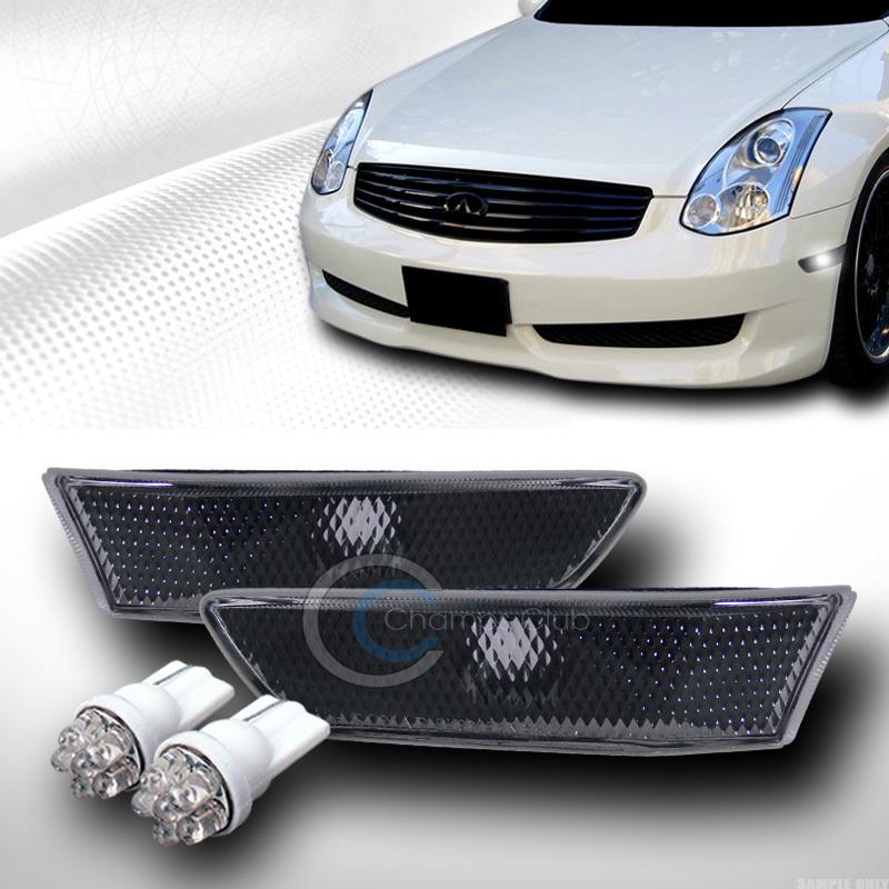 Blk clear side marker bumper lights yd+led bulbs 03-07 infiniti g35 2d 2dr coupe