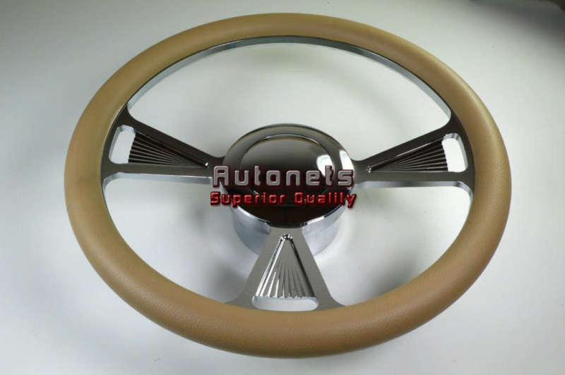 Beige leather tri chevy gm chrome aluminum steering wheel horn button adapter