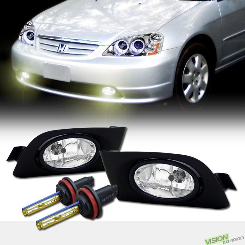 H11 3000k hid+clear lens driving/bumper fog lights lamps set 01-03 civic 2dr/4dr