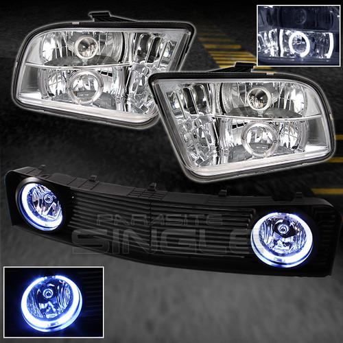 05-09 mustang halo projector headlights+blk front grill w/halo fog lights+switch