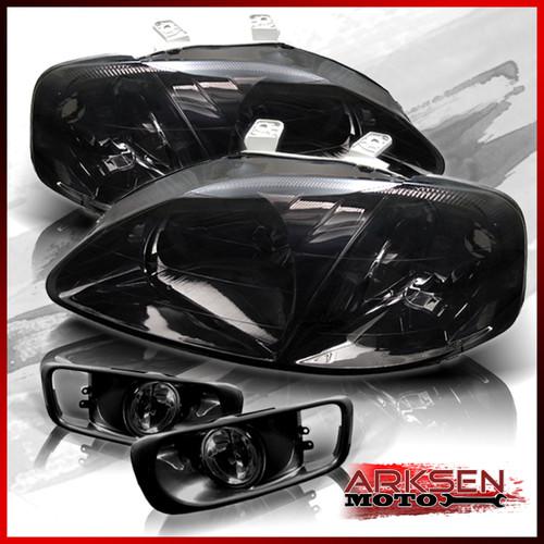 Jdm smoked 99-00 honda civic crystal headlights pair+smoked fog lights w/switch