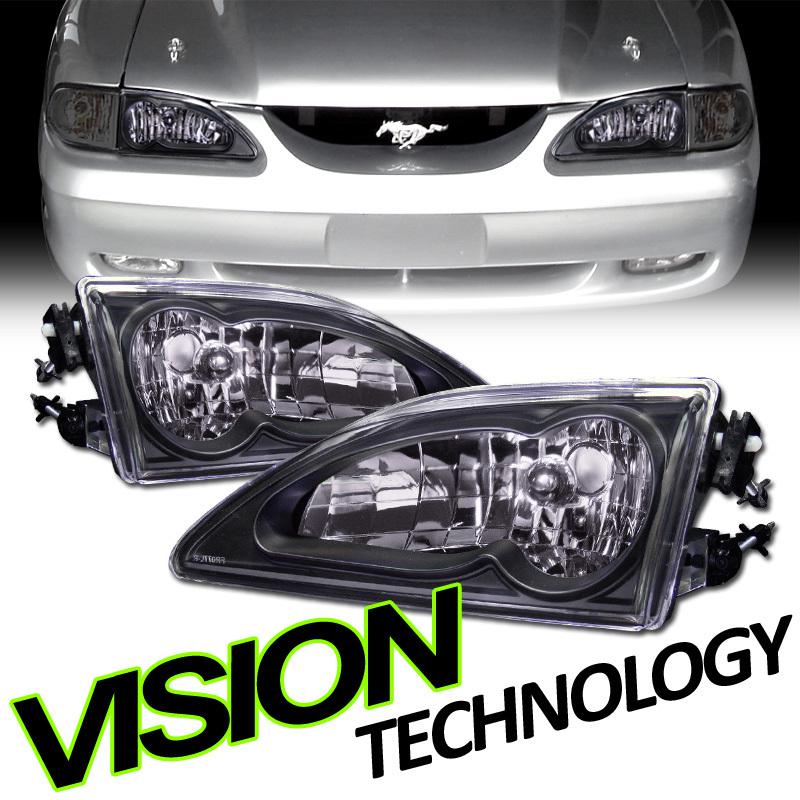 New pair 94-98 ford mustang v6/v8 jdm blk crystal headlights headlamps assembly