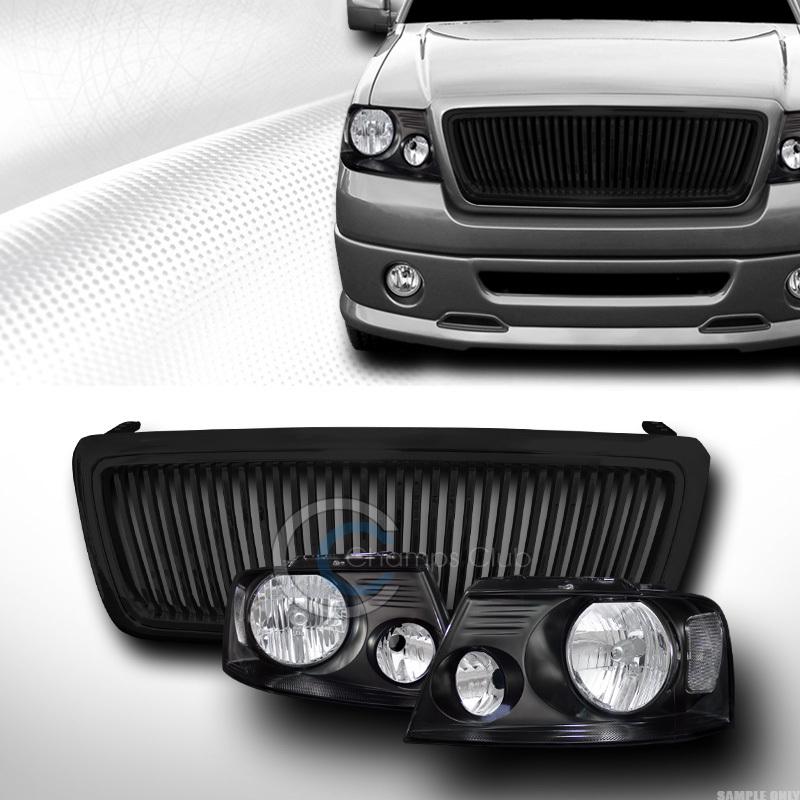 Blk sport head lights lamps signal dy+vertical hood grill grille 04-08 ford f150