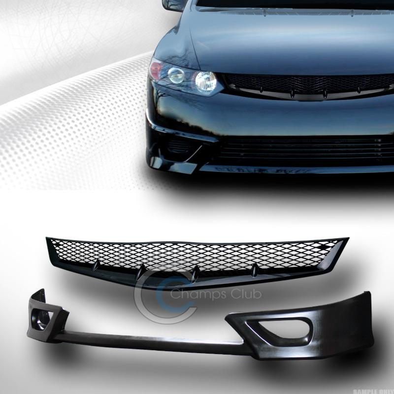 Black tc poly-urethane front spoiler bumper lip kit+grill grille 06-08 civic 2dr