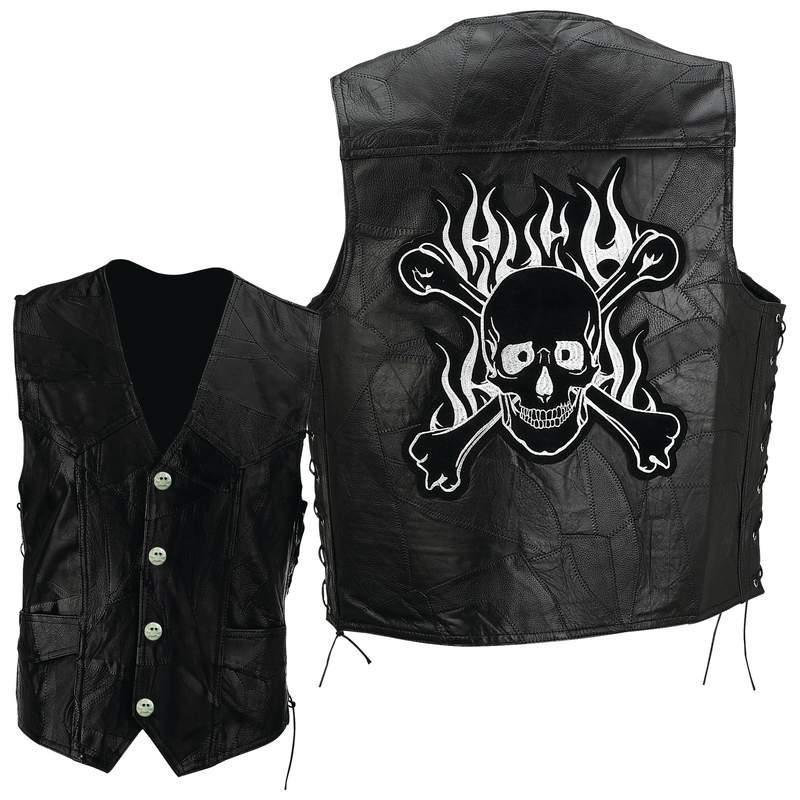 Mens black leather motorcycle biker vest w/flaming skull patch m,l,xl,2x,3x