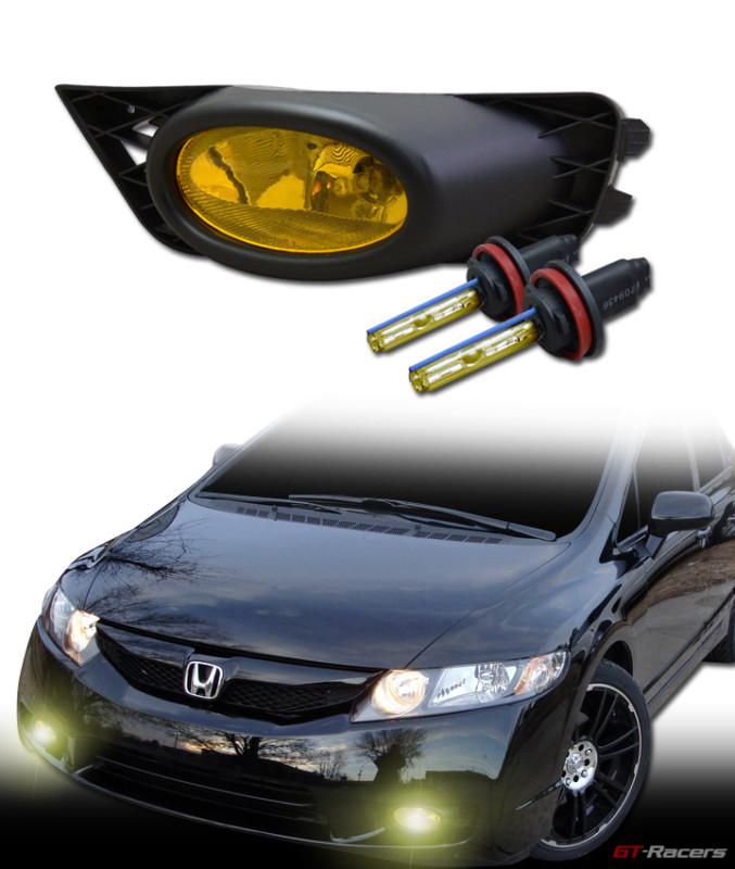 3k hid xenon w/ sport yellow front bumper fog lights+switch 09-11 civic 4d/sedan