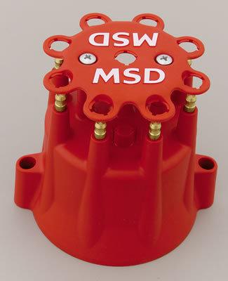 (2) msd 8565 distributor cap male/hei-style red screw-down pro-billet v8 marine