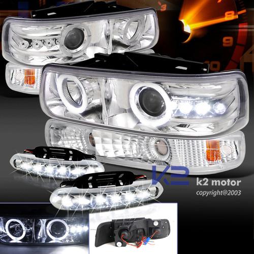 99-02 silverado halo clear projector headlights+bumper lamps+led drl fog strips