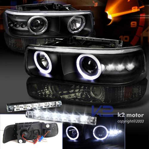 Black 99-06 silverado smd halo projector headlight+smoke bumper+led drl fog lamp