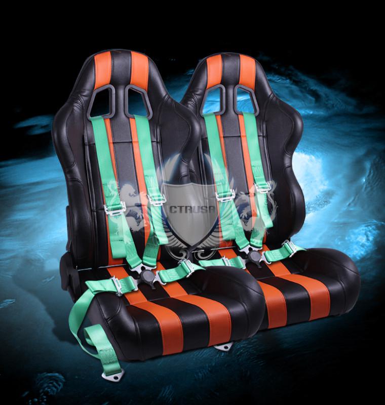 2x black/orange stripe leather racing bucket seat+4-pt green belt camlock strap