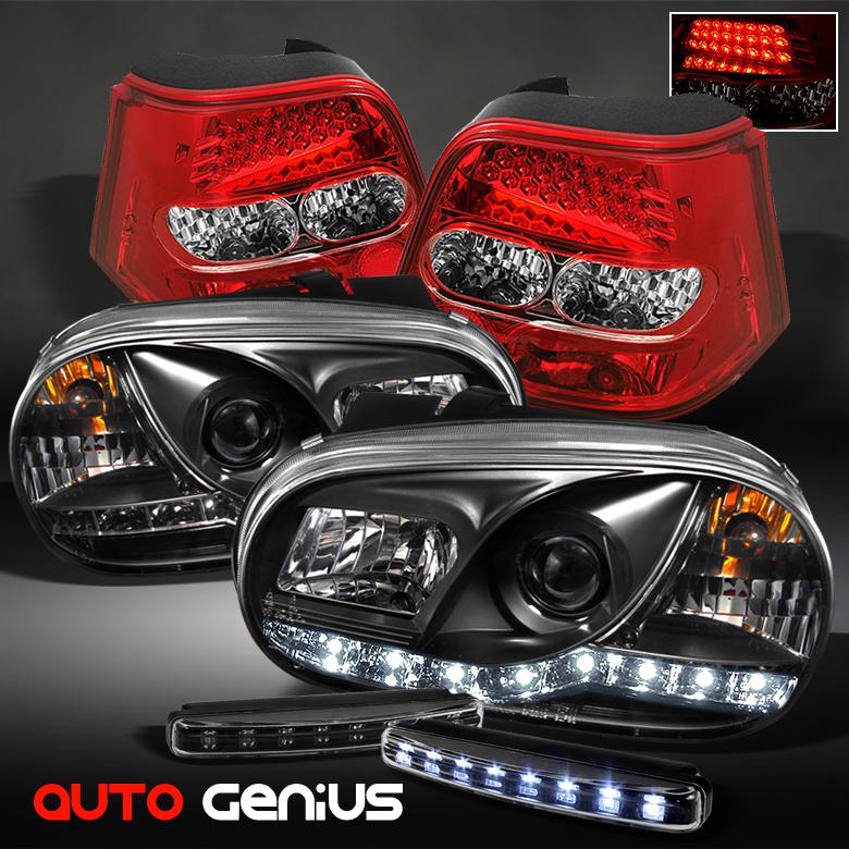 99-06 golf black drl projector headlights + red clear led tail lights + drl led