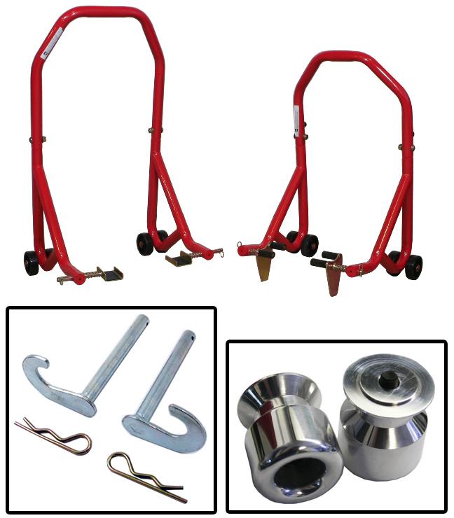 Ser 3 red front and rear motorcycle stand set with 10mm aluminum slider spools