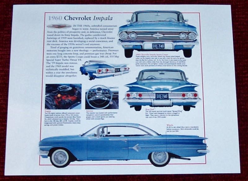 1960 chevrolet "impala" sports coupe  = 11x14" poster, new features for 1960    