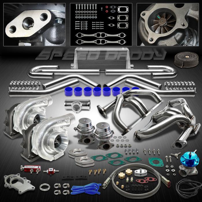 T04e 15pc t3/t4 twin turbo kit+manifold+intercooler 66-96 chevy small black sbc