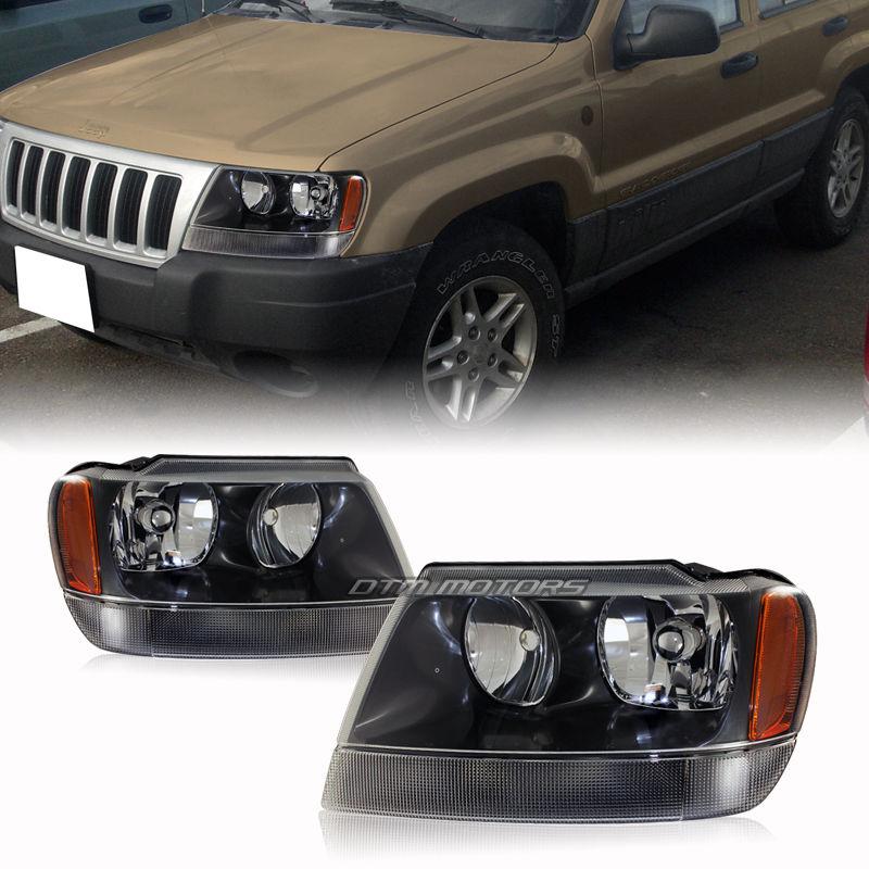 99-04 jeep grand cherokee black housing clear lens amber reflector headlights