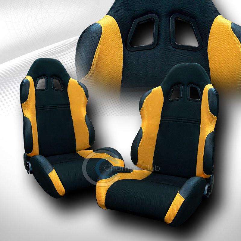 Universal jdm-ts blk/yellow cloth car racing bucket seats+sliders pair bmw buick