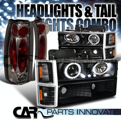 94-98 chevy c10 c/k tahoe black halo led projector headlights+smoke tail lamps