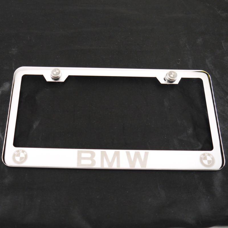 Bmw chrome stainless steel license plate frame + screws + caps laser engrave