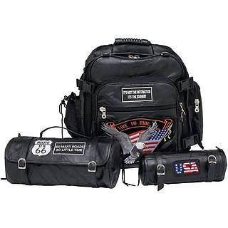 3pc set leather motorcycle sissy bar bag t bag barrel bag backpack set w/patches
