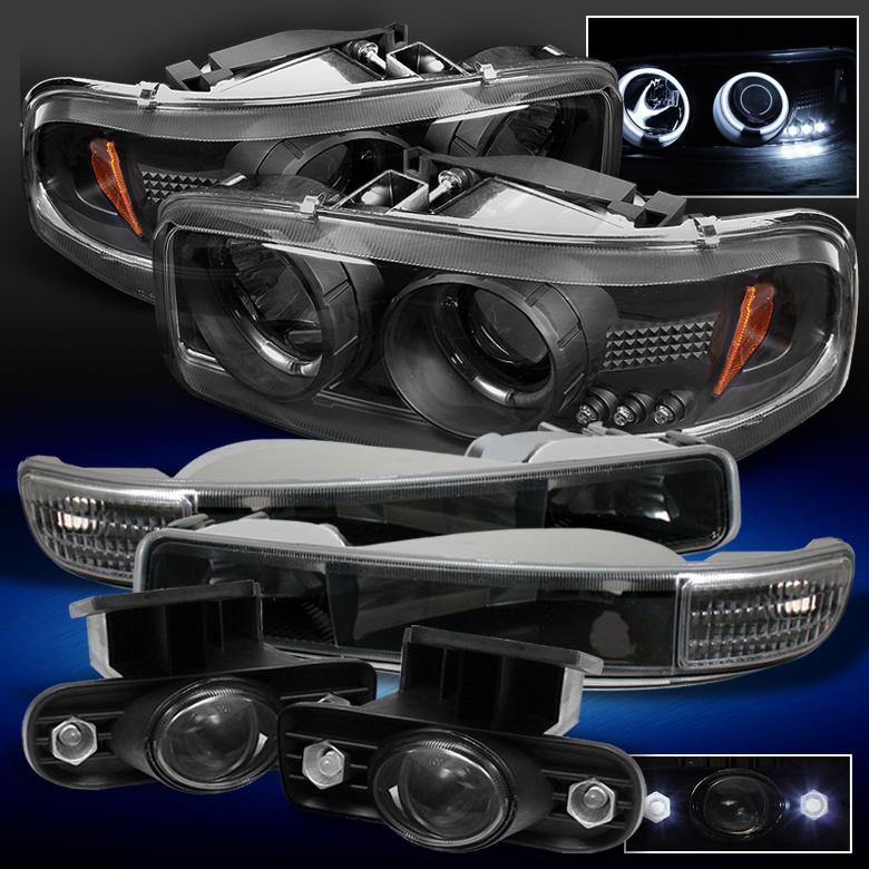 99-06 yukon sierra black halo headlights +bumper signal+projector fog lights