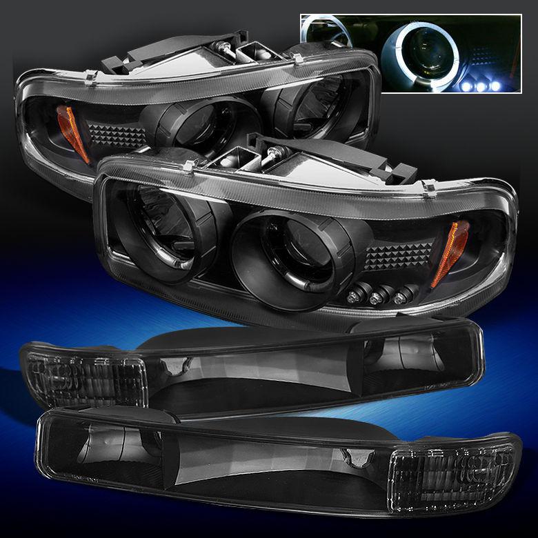 99-06 yukon sierra black halo projector headlights+black bumper signal lights