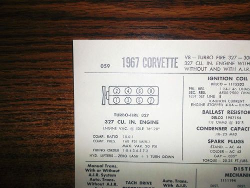 1967 chevrolet corvette eight series models 300hp 327 ci v8 tune up chart