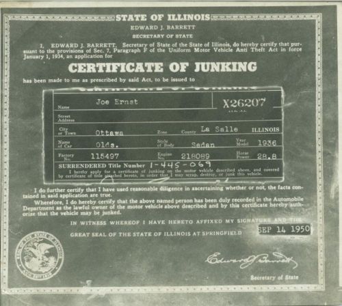 Rare 1936 oldsmobile sedan certificate of junking state issued document