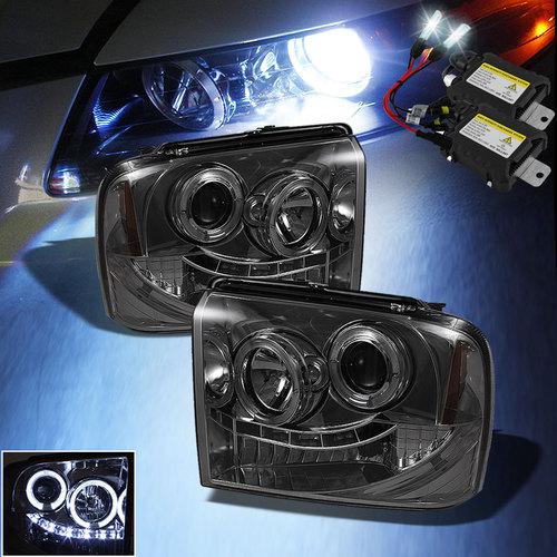 Slim 6000k xenon hid+smoked 05-07 f250 halo led projector headlights head lights