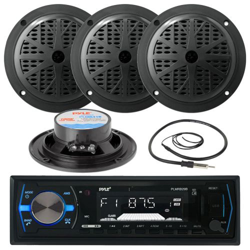 Black 4&#034; 100w marine speakers, antenna, pyle black am fm aux usb marine radio