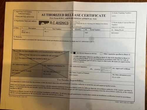 Tkm mx 11comm 14 vdc p/n  mx 11 with faa form 8130-3