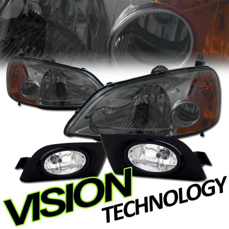 Pair 01-03 civic 2d/4d smoked lens crystal head lights w/ amber+clear fog lamps