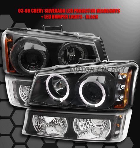 2003-2006 chevy silverado halo led projector head lights+bumper black 2004 2005