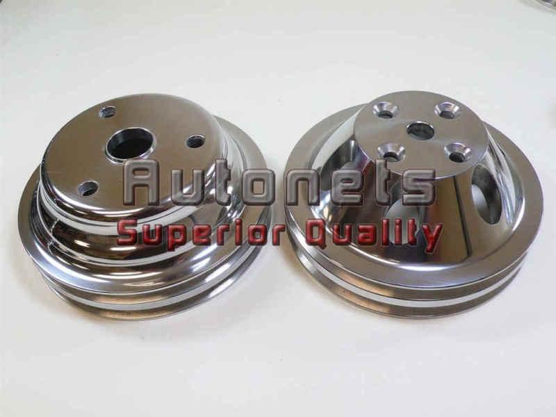 Polished aluminum pulley set sbc chevy 283-350 long water pump double groove