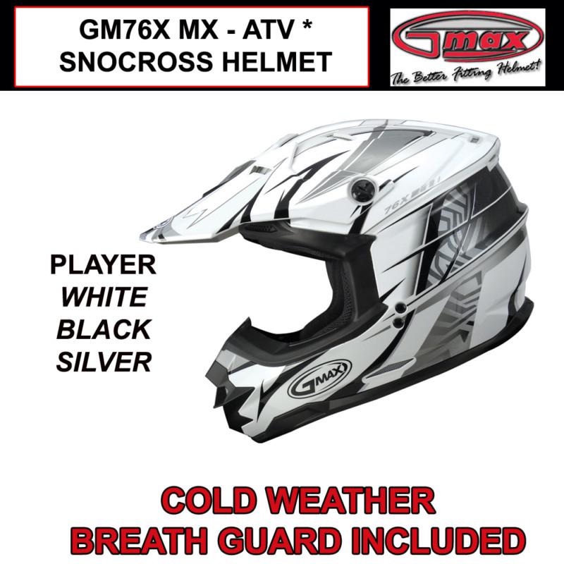 Gmax gm76x 2013 mx atv snocross helmet player white/blk/svr (s,m,l,xl,2x,3x) nib