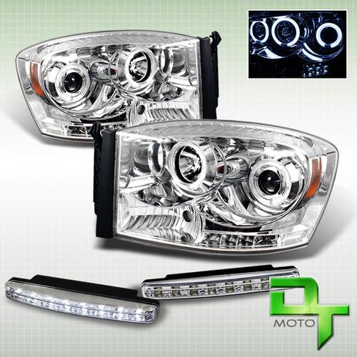 Drl led bumper fog+2006-2009 ram 1500 2500 3500 halo chrome projector headlights