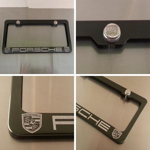 Black porsche license plate frame laser brush engrave car suv aluminum logo cap