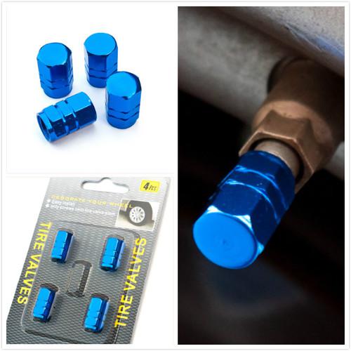 Wheel rim tire stem air valve cap blue x 4pc universal aluminum cover