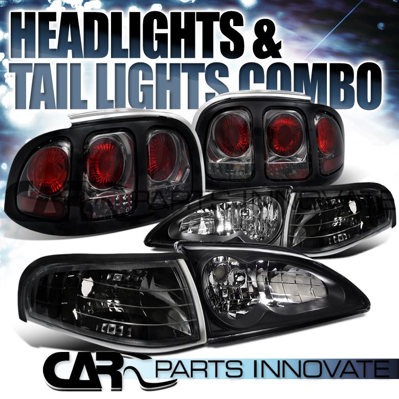 1994-1998 ford mustang gt black crystal headlights+corner lamps+smoke tail light