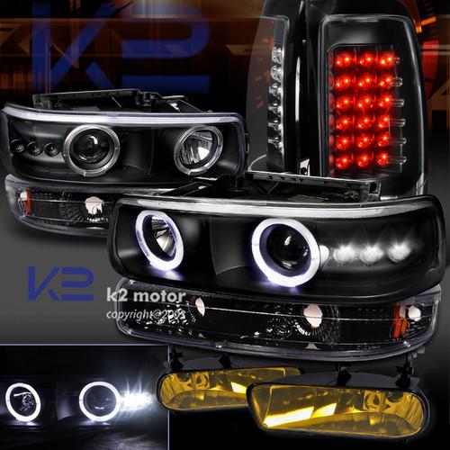 99-02 silverado blk projector halo headlight+bumper+led tail+yellow fog lamp