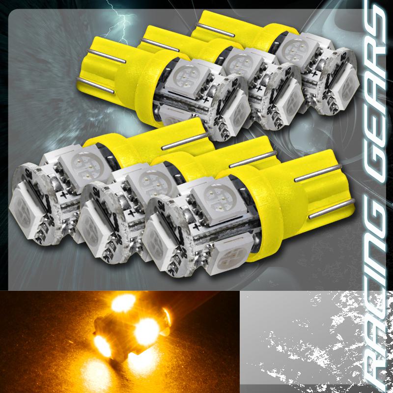 6x amber smd 5 led 12v t10 wedge light bulb interior license plate / side marker